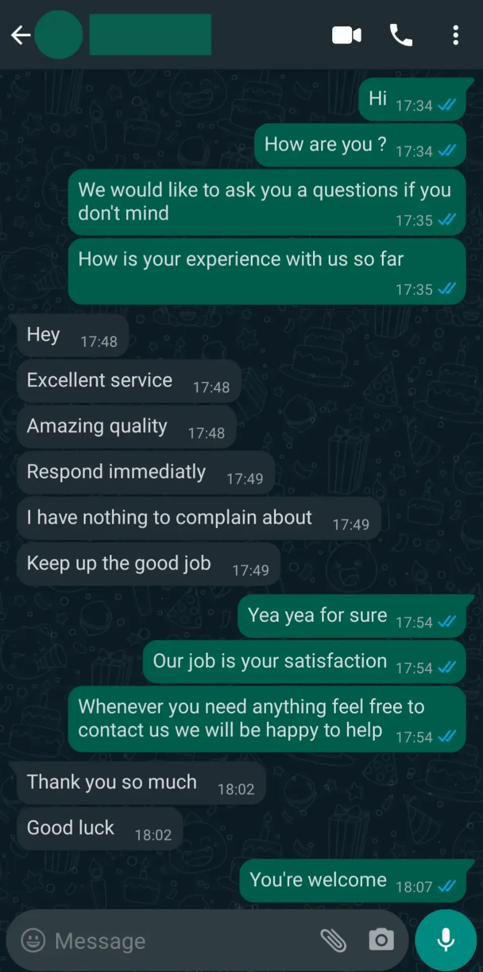 WhatsApp review — Excellent service, amazing quality